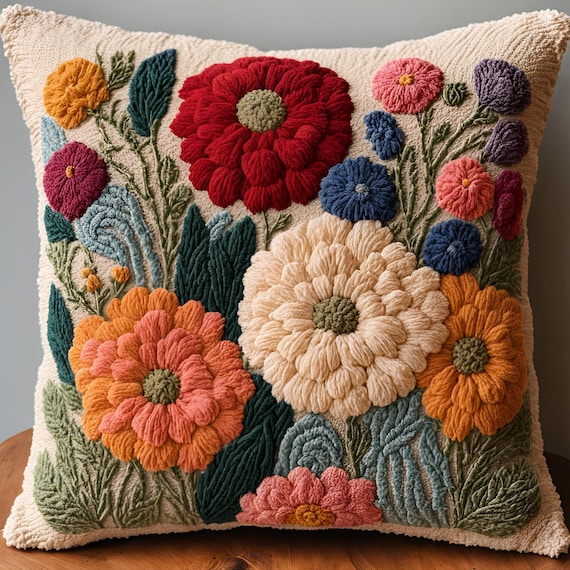 Floral Throw Pillow Case Punch Needle Pattern, Cushion Cover Craft, Hand Tufted Embroidery Template, Grand Millennial Pillow, French Cottage