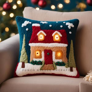 Patrón de aguja perforadora para cojín de casa navideña, funda de almohada con bordado navideño, funda de cojín de punto de cruz, regalo de bricolaje con bordado navideño