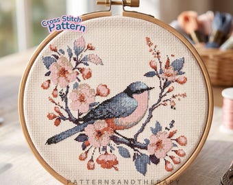 Vintage Cross Stitch Chart Pattern: Flower Bird Motif PDF Template