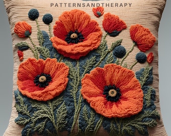 Popy Flower Motif Punch Needle Embroidery Pattern Template, Pillow Case, Floral Cushion Cover, Hand Tufted , DIY Gift, Home Decor Craft
