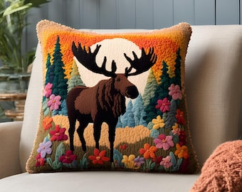 Moose Punch Needle Pattern Template, DIY Pillow Case, Hand Tufted Embroidery, Needlepoint Cross Stitch Stick Craft, Cushion Cover, DIY Gift