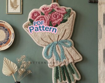 Eternal Rose Punch Needle Pattern: Handmade Flower Bouquet Arrangement Present Digital Template