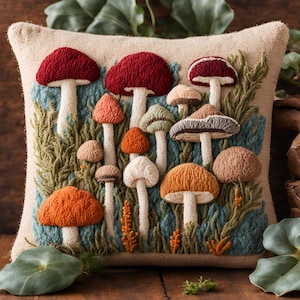 May include: A decorative pillow with a beige background featuring an embroidered design of various mushrooms in shades of red, orange, brown, and beige. The mushrooms are set against a backdrop of green and blue textured fabric, creating a whimsical, nature-inspired theme.