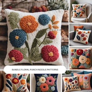 May include: A set of six floral punch needle patterns for pillows. The patterns feature various colorful flowers, including red, orange, yellow, blue, and green. The patterns are perfect for adding a touch of handmade charm to your home decor.