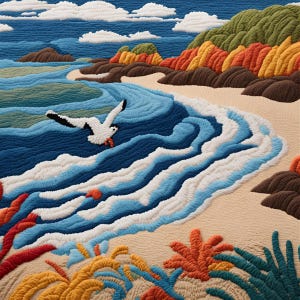 May include: A colorful needlepoint wall hanging depicting a beach scene with a white seagull flying over blue waves, a sandy beach, and green and orange foliage.