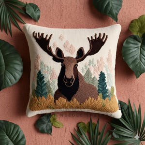 Moose Punch Needle Pattern, DIY Pillow Case, Hand Tufted Embroidery Template, Needlepoint Cross Stitch Stick Craft, Cushion Cover, DIY Gift