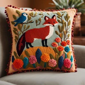 May include: A decorative throw pillow with a colorful embroidered design featuring a fox, a bird, and flowers. The pillow has a light blue background and a brown fringe.