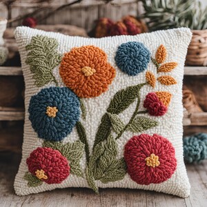 Può includere: Un cuscino decorativo quadrato bianco sporco con un motivo floreale. I fiori sono nei toni dell'arancione, del blu e del rosso, con foglie e steli verdi. Il cuscino ha una superficie strutturata e i fiori sono in rilievo.