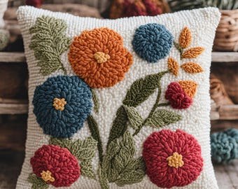 DIY  Floral Throw Pillow Case Punch Needle Pattern, Cushion Cover Craft, Hand Tufted Embroidery Garden Template, French Cottage Botanical