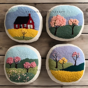 春の風景の花柄のパンチニードルパターン、枕カバー4枚セット、ハンドタフト刺繍テンプレート、彼女へのDIYギフト、クッションカバー