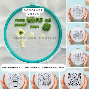 May include: A beginner's guide to punch needle embroidery with a variety of stitches and floral patterns. The guide includes a close-up of the stitches and a set of four floral embroidery patterns.