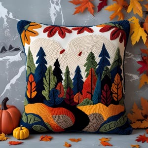 Può includere: Un cuscino quadrato decorativo con una scena di foresta. Il cuscino presenta uno sfondo bianco con un motivo forestale colorato in tonalità di verde, blu, arancione e rosso. Il cuscino è circondato da un bordo blu scuro e foglie autunnali.