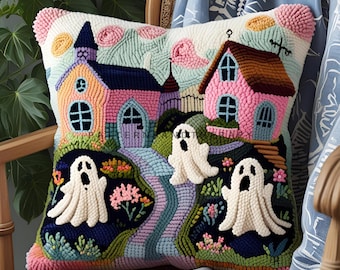 Halloween Haunted Town House Punch Needle Pattern, Dark Academia Spooky Occult Home Decor, Spoopy Ghost  DIY Pillow, Creepy Cute Cushion