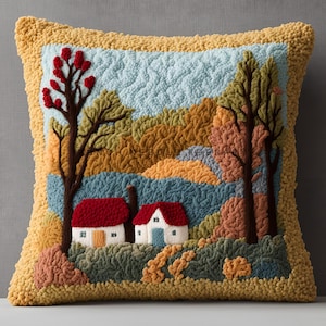 May include: A yellow throw pillow with a tufted texture features an embroidered scene of two houses in a fall landscape with trees and hills. The houses have red roofs and white walls. The trees have brown trunks and green leaves. The hills are a mix of brown, orange, and green.