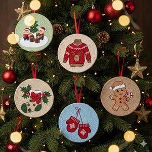 May include: A collection of round Christmas ornaments with red ribbon hangers. The ornaments feature embroidered designs of a Christmas sweater, gingerbread man, stocking, mittens, and a winter scene with children and a tree.