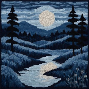 Könnte beinhalten: Ein blaues und weißes Nadelbild, das eine nächtliche Mondscheinszene mit einem Fluss darstellt, der sich durch einen Wald schlängelt. Der Mond ist voll und hell und wirft einen sanften Schein auf die Landschaft. Die Bäume sind vor dem Himmel silhouettiert, und der Fluss spiegelt sich im Wasser.