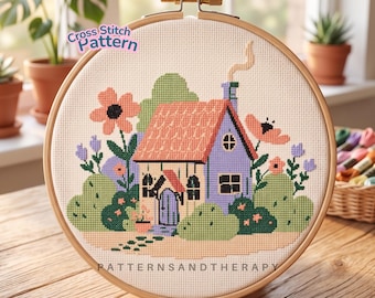 Cross Stitch Chart Pattern: Farm House Landscape Motif PDF Template
