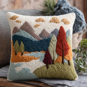 Könnte beinhalten: Quadratisches Zierkissen mit Landschaftsdesign. Das Kissen zeigt eine Berglandschaft mit Bäumen, Wolken und einem Gewässer. Die Farbpalette umfasst Blau-, Grün-, Orange-, Braun- und Weißtöne. Das Kissen besteht aus einem strukturierten Material.