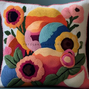 May include: Square decorative pillow with a colorful floral design. The pillow features a white background with a vibrant arrangement of flowers in shades of pink, orange, yellow, and blue. The flowers are detailed with green leaves and a pink border.