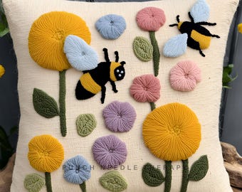 Spring Bumble Bee Punch Needle Pattern, DIY Pillow Case, Hand Tufted Embroidery Template, Needlepoint Cross Stitch Stick Cushion Cover