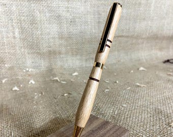 Beech Unique Design Handturned Pen – Unique Wooden Twist Pen – Irish Craft – Gold Trim – Handmade Gift – One of a Kind