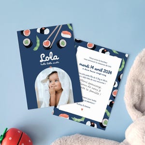 Faire-part naissance bébé personnalisé Collection SUSHIS, illustration colorée japan food, format carte au choix + enveloppe blanche incluse