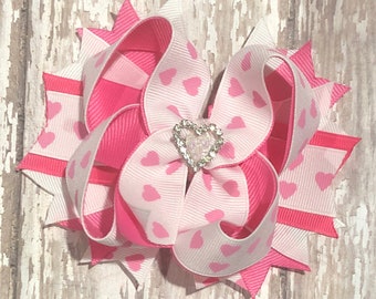 FREE SHIPPING, Valentines Bow, Boutique Hair Bow, Pink White Bow, Heart Bow, Valentines Hair Bow, Toddler Hair Bow, Pink Bow, Ready to Ship