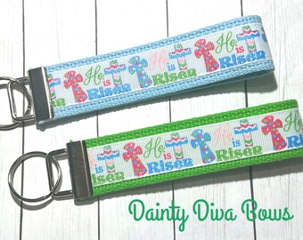 Religious Key Fob, He Is Risen, Religious Key Chain, Wristlet, Jesus Key Chain, Spring Key Chain, Cross Print, Easter Gift