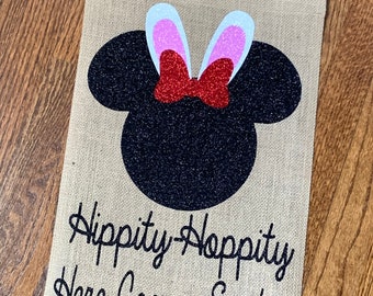 Disney Easter Burlap Garden Flag, Easter Flag, Minnie Mouse Flag, Burlap Flag, Yard Art, Easter Gift, Disney Easter Bunny Flag