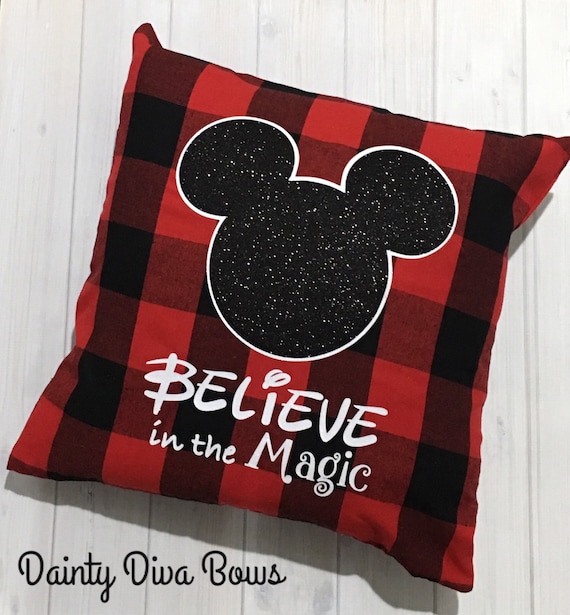 Disney Pillow, Buffalo Plaid, Christmas, Red and Black, Disney