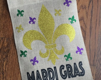 Mardi Gras Burlap Garden Flag, Mardi Gras Flag, NOLA Flag, Burlap Flag, Yard Art, New Home Gift, NOLA Gift, Purple Green Gold