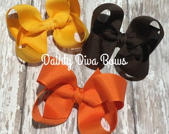 THREE Bows, 3 Inch Bow, Trio, Toddler Hair Bows, Small Hair Bows for Girls, Fall Hair Bows, Toddler Bows, Brown Bow, Orange Bow, Yellow Bow