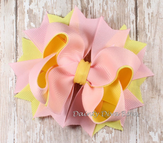Pink and Yellow Hair Bow, Girls Hair Bow, Boutique Hair Bow, Pink Pale Yellow, Pink Lemonade, Summer Hair Bow, Toddler Bow, Hairbow