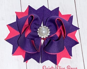 Purple and Hot Pink Hair Bow, Classic Pearl Collection, Girls Boutique Hair Bow, Toddler Hair Bow, Girls Hair Bow, Purple Bow, Hot Pink Bow