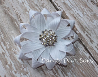 Crisp White Ribbon Flower with Pearl and Rhinestone Center, White Hair Bow, White Hair Clip, Pearl Bow, Toddler Bow, Toddler Hair Clip