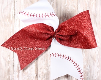 Large Glitter Baseball Cheer Bow, Sparkle Bow, Red and White, Baseball Bow, Cheerleading Hair Bow, Glitter Bow