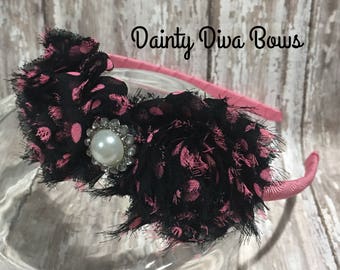 Pink and Black Headband, Shabby Flower Headband, Ribbon Wrapped Headband, Pink Headband, Polka Dot Headband, Toddler Headband,Girls Headband