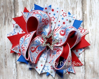 Red White Blue Bow, Hair Bow, Patriotic Hair Bow, Star Hair Bow, Girls Hair Bow, Fourth of July, Patriotic Stars and Swirls, July 4th