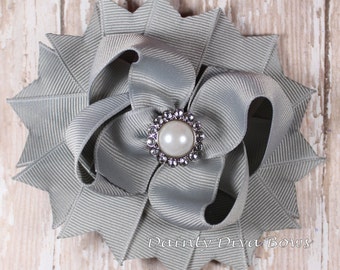 Gray Hair Bow, Classic Pearl Collection Girls Boutique Hair Bow, Toddler Hair Bow, Girls Hair Bow, Boutique Hair Bow, Grey Bow