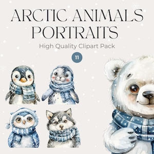 Arctic Animals Watercolor Clipart Pack, Digital Download, Transparent PNGs, Nursery Clipart, Polar Bear, Penguin, Clipart Set