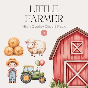 Puede incluir: Ilustración en acuarela con una granja roja, un tractor con globos, una oveja, balas de heno y un joven granjero con overoles. El texto "LITTLE FARMER" y "High Quality Clipart Pack" están en la parte superior.
