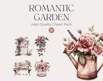 Watercolor Romantic Garden Clipart: Vintage Floral PNG (Digital Download)