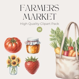 Farmers Market Watercolor Clipart, Digital Download, Transparent PNGs, Locally Grown Fruits and vegetables Clipart, Commercial Use PNG