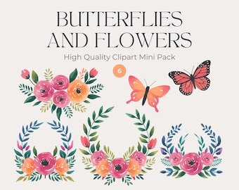 Watercolor Butterfly Flower Clipart: Spring Floral PNG (Digital Download)