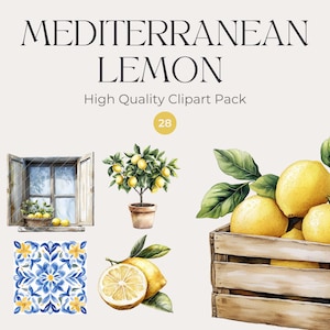 Mediterranean Lemon Clipart, Watercolor Lemon Clipart Pack, Digital Download, Transparent PNGs, Summer Citrus Clipart, Commercial Use PNG