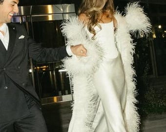 Feather Robe Set, Corset & Silk Maxi Skirt, Bridal Set, Engagement Party Dress, Luxury Bridal Gown, Bachelorette Outfit,Wedding Morning Robe