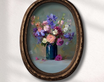 Vintage Floral Still Life Painting | Colorful Bouquet Wall Art | Cottagecore Flower Vase Printable | Romantic Botanical Digital Download