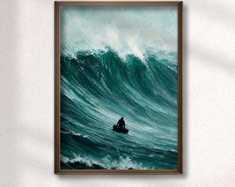 Dramatic Ocean Wave Painting | Moody Sea Wall Art | Lone Boat Artwork | Dark Seascape Print | Aesthetic Green Decor | Digital Download