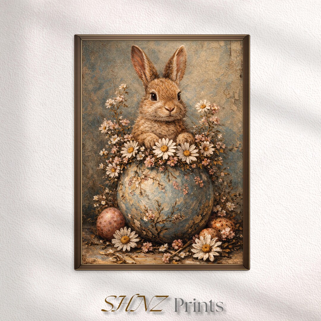 Vintage Easter Bunny Print | Cottagecore Floral Egg Artwork (digital ...