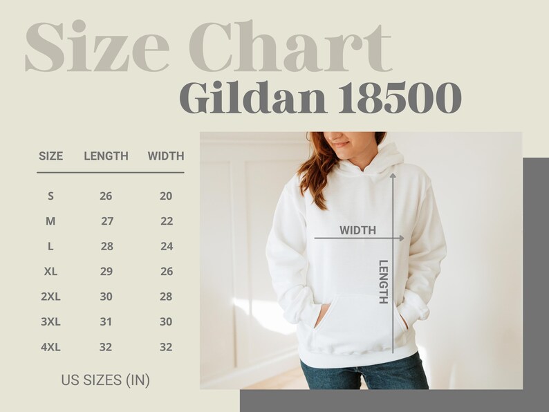 Puede incluir: Una sudadera con capucha blanca Gildan 18500 con una tabla de tallas. La tabla muestra las medidas en pulgadas para las tallas S a 4XL. La sudadera con capucha se mide en ancho y largo. El texto "Size Chart" y "Gildan 18500" est&aacute;n en la parte superior.